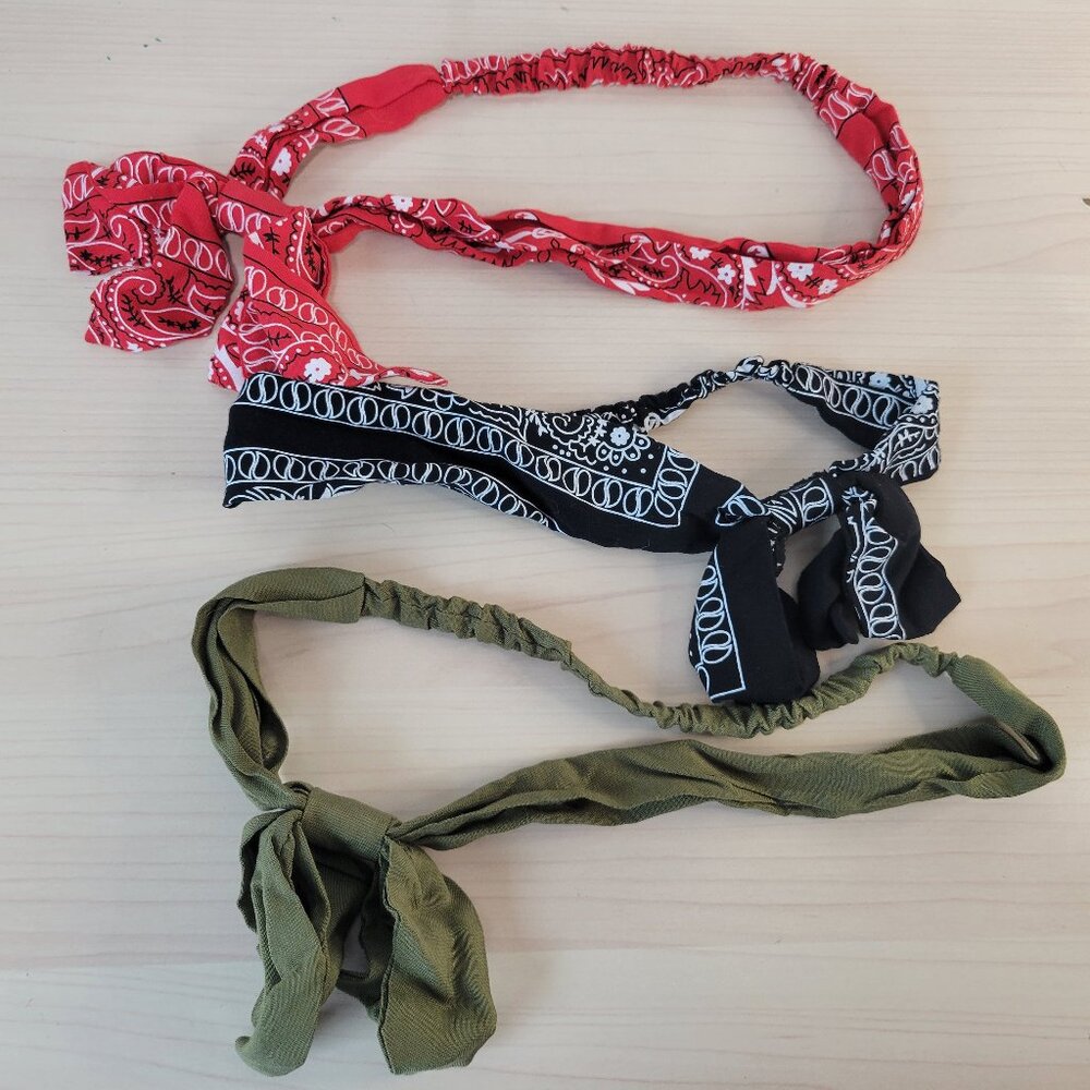 Bundle of 3 Elasticized Paisley Bandana Head Bands: Black, Red, Olive Green EUC